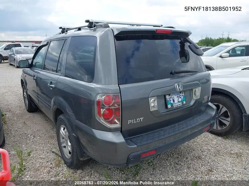 2008 Honda Pilot Lx VIN: 5FNYF18138B501952 Lot: 20268763