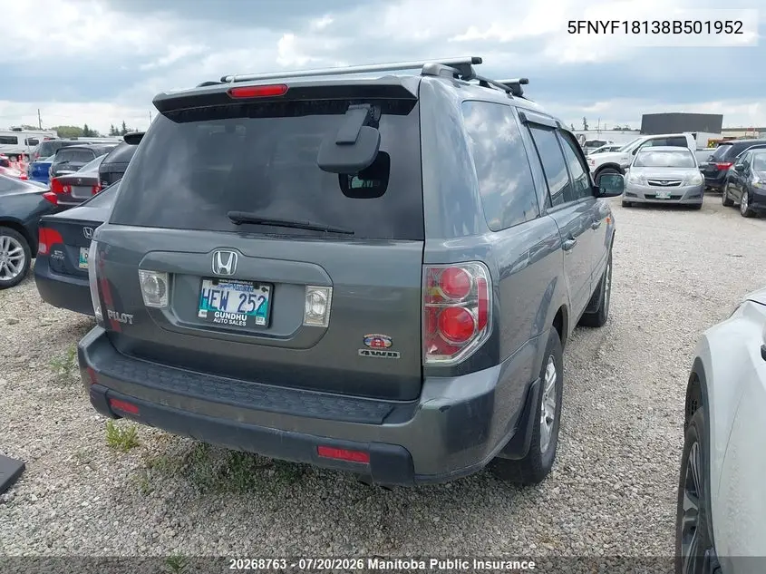 2008 Honda Pilot Lx VIN: 5FNYF18138B501952 Lot: 20268763