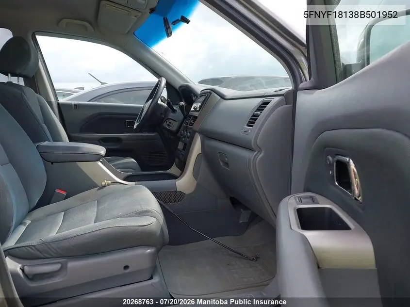 2008 Honda Pilot Lx VIN: 5FNYF18138B501952 Lot: 20268763