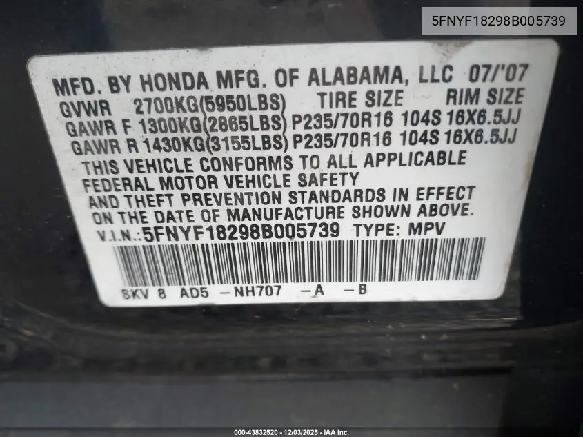 5FNYF18298B005739 2008 Honda Pilot Vp