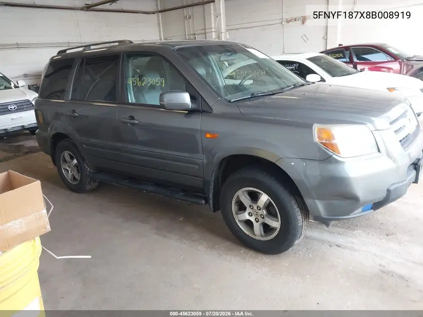 2008 Honda Pilot Ex-L VIN: 5FNYF187X8B008919 Lot: 45623059