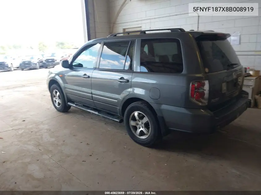2008 Honda Pilot Ex-L VIN: 5FNYF187X8B008919 Lot: 45623059