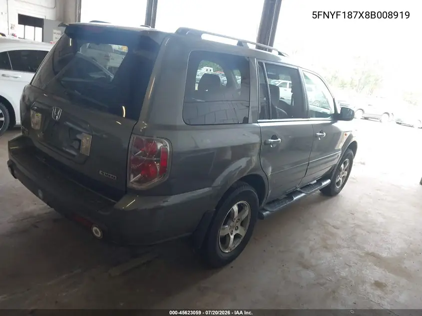 2008 Honda Pilot Ex-L VIN: 5FNYF187X8B008919 Lot: 45623059
