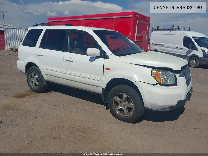 2008 Honda Pilot Ex-L VIN: 5FNYF18588B030190 Lot: 45675509