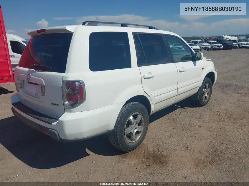 2008 Honda Pilot Ex-L VIN: 5FNYF18588B030190 Lot: 45675509