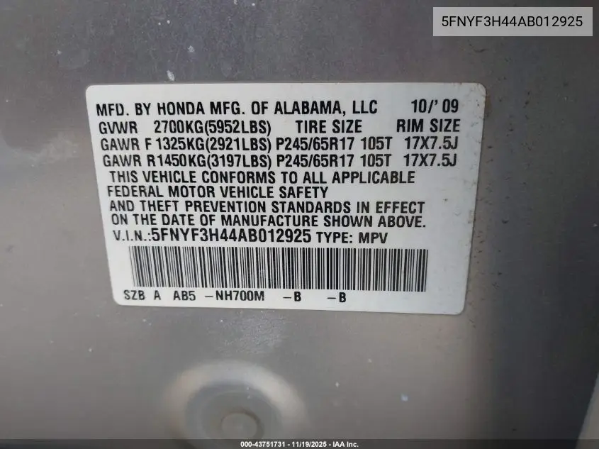 5FNYF3H44AB012925 2010 Honda Pilot Ex