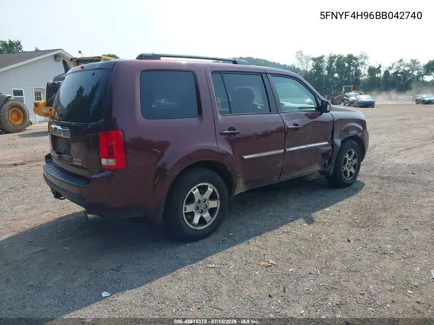 2011 Honda Pilot Touring VIN: 5FNYF4H96BB042740 Lot: 45610378