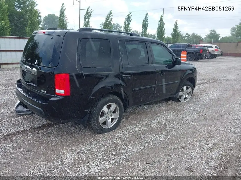 2011 Honda Pilot Ex VIN: 5FNYF4H42BB051259 Lot: 45650907