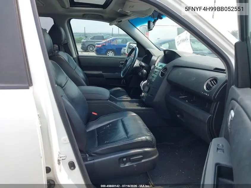 2011 Honda Pilot Touring VIN: 5FNYF4H99BB052551 Lot: 45660142
