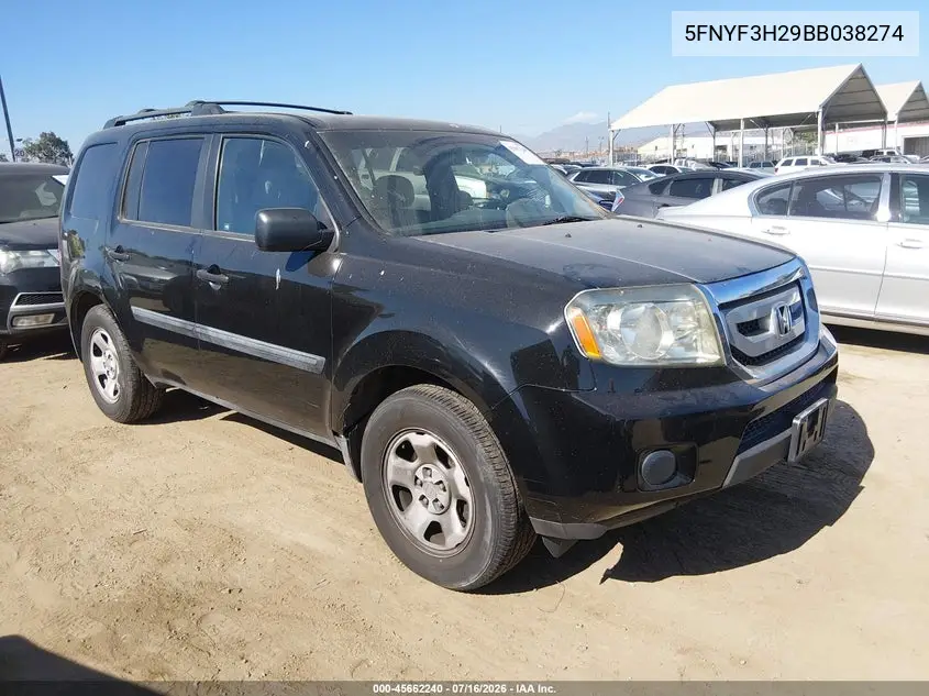 2011 Honda Pilot Lx VIN: 5FNYF3H29BB038274 Lot: 45662240