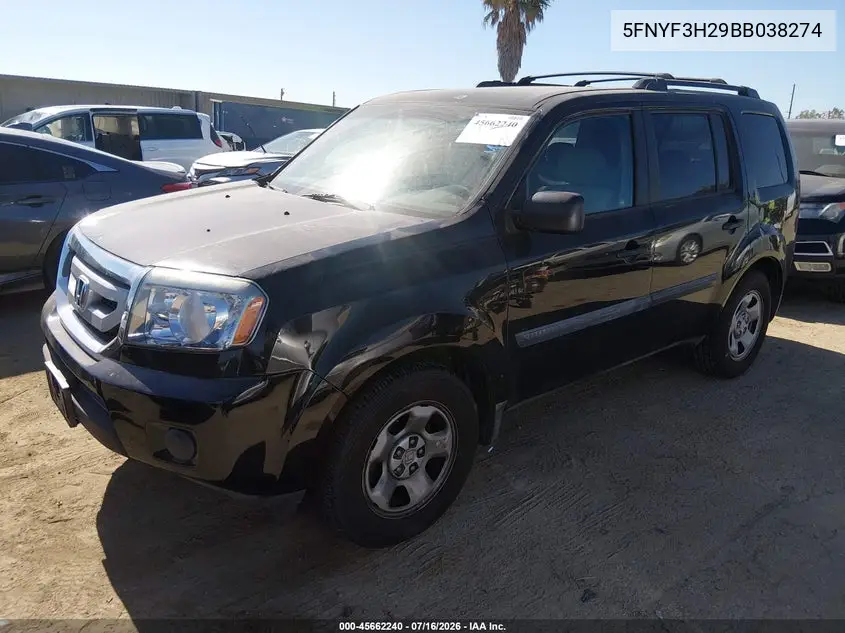 2011 Honda Pilot Lx VIN: 5FNYF3H29BB038274 Lot: 45662240