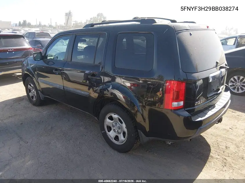2011 Honda Pilot Lx VIN: 5FNYF3H29BB038274 Lot: 45662240