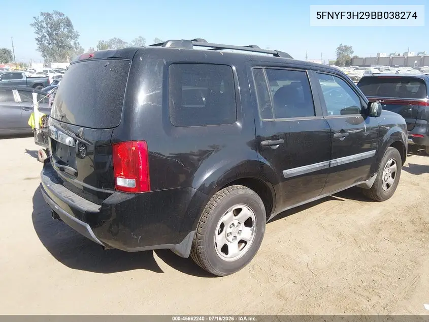 2011 Honda Pilot Lx VIN: 5FNYF3H29BB038274 Lot: 45662240