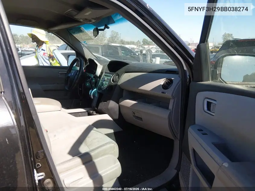 2011 Honda Pilot Lx VIN: 5FNYF3H29BB038274 Lot: 45662240