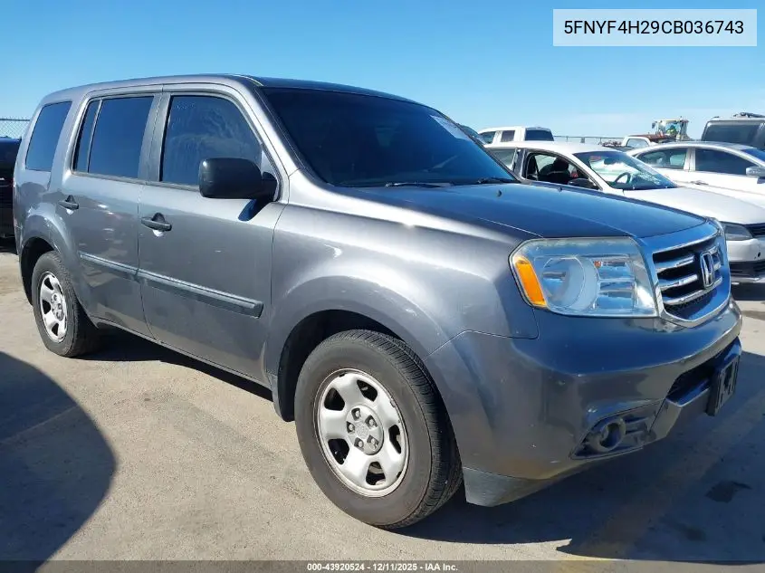 5FNYF4H29CB036743 2012 Honda Pilot Lx