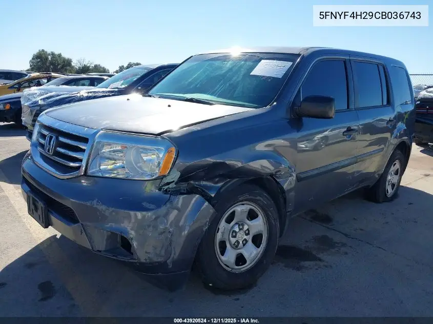 5FNYF4H29CB036743 2012 Honda Pilot Lx