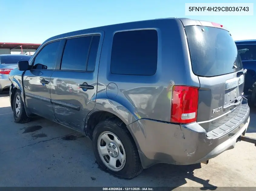 5FNYF4H29CB036743 2012 Honda Pilot Lx