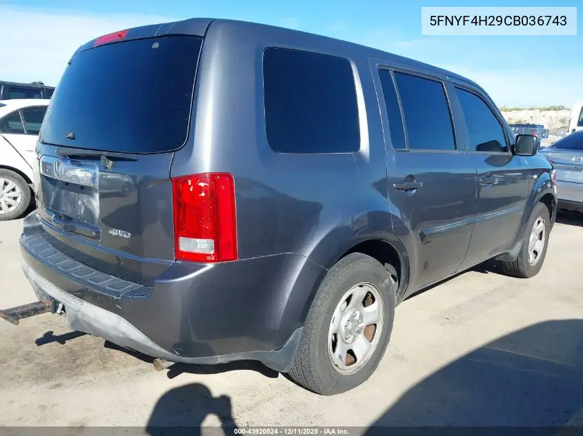 5FNYF4H29CB036743 2012 Honda Pilot Lx