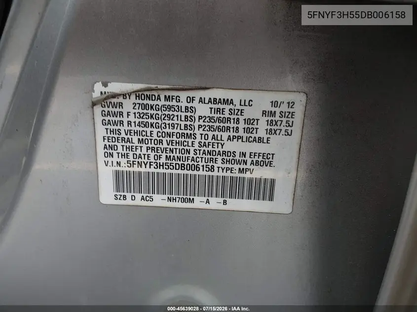 2013 Honda Pilot Ex-L VIN: 5FNYF3H55DB006158 Lot: 45639028