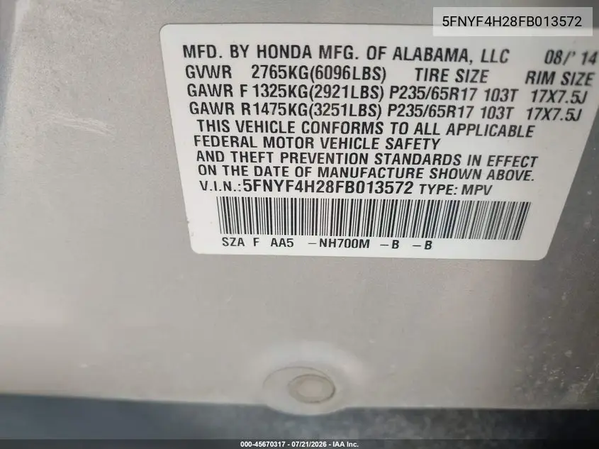 2015 Honda Pilot Lx VIN: 5FNYF4H28FB013572 Lot: 45670317