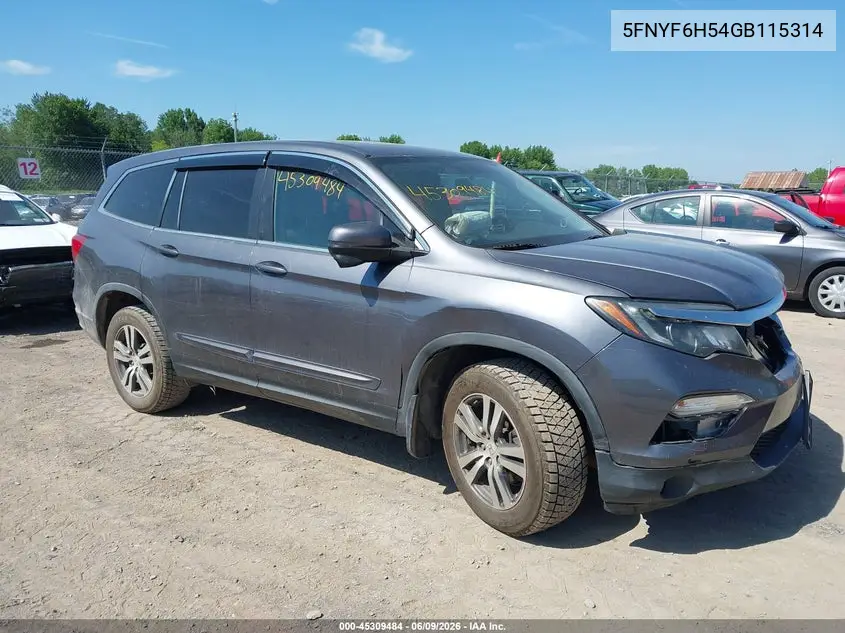 2016 Honda Pilot Ex-L VIN: 5FNYF6H54GB115314 Lot: 45309484