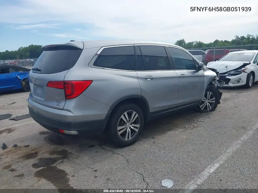2016 Honda Pilot Ex-L VIN: 5FNYF6H58GB051939 Lot: 45414040