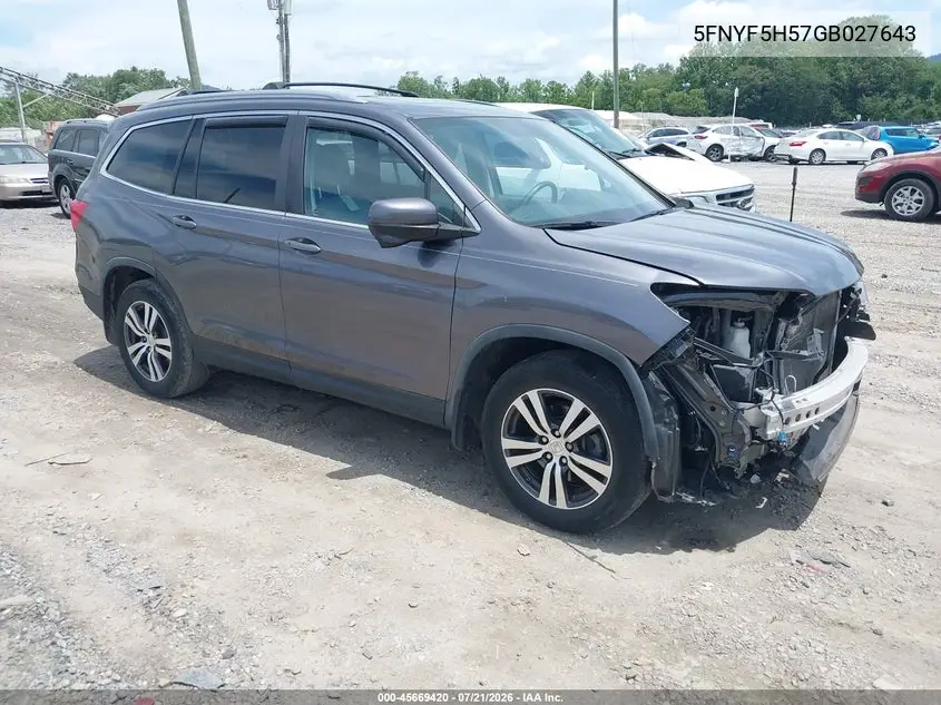 2016 Honda Pilot Ex-L VIN: 5FNYF5H57GB027643 Lot: 45669420