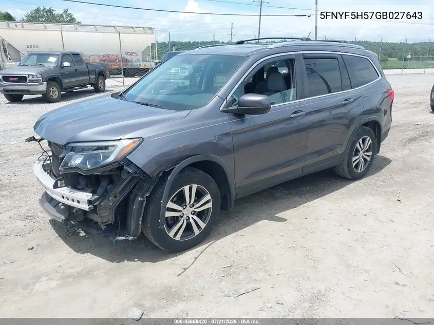 2016 Honda Pilot Ex-L VIN: 5FNYF5H57GB027643 Lot: 45669420