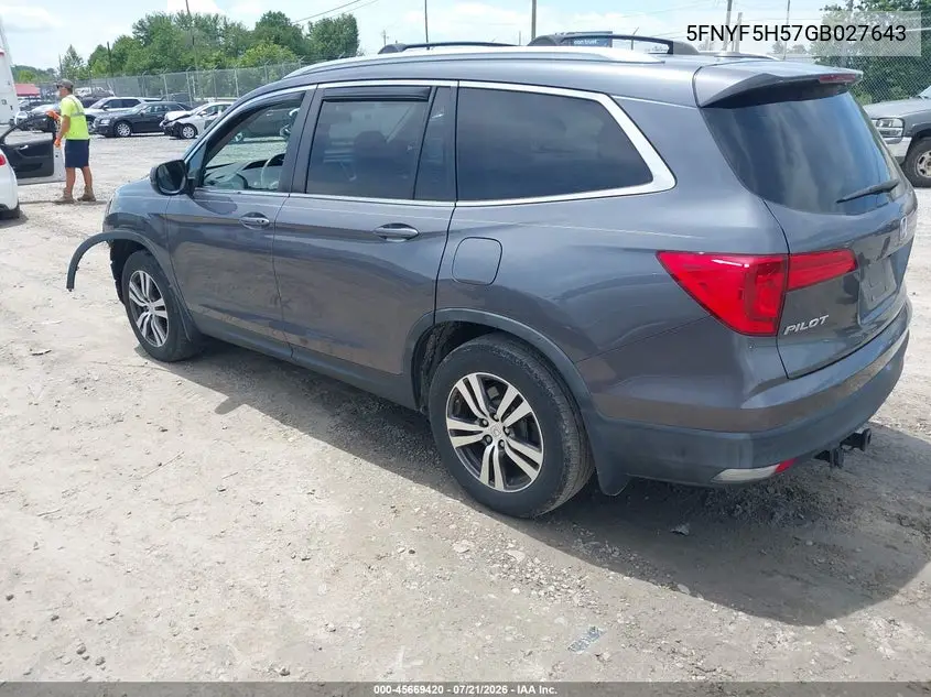2016 Honda Pilot Ex-L VIN: 5FNYF5H57GB027643 Lot: 45669420