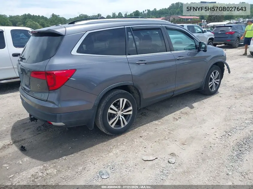 2016 Honda Pilot Ex-L VIN: 5FNYF5H57GB027643 Lot: 45669420