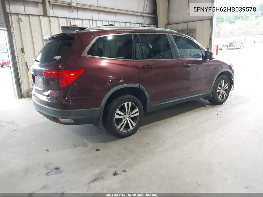 2017 Honda Pilot Ex-L VIN: 5FNYF5H62HB039578 Lot: 45653186
