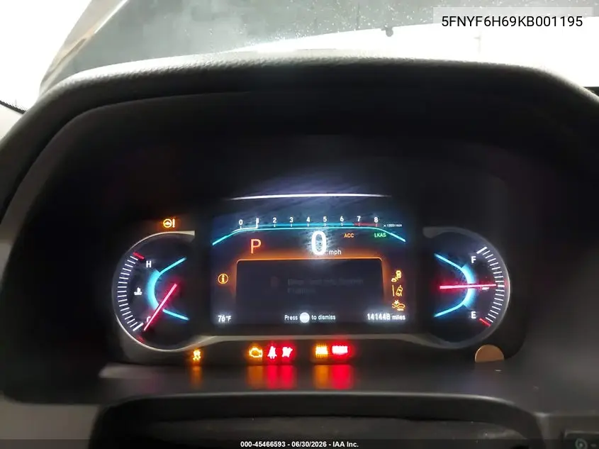 2019 Honda Pilot Touring VIN: 5FNYF6H69KB001195 Lot: 45466593