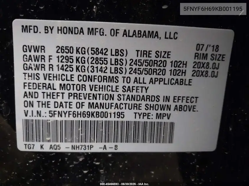 2019 Honda Pilot Touring VIN: 5FNYF6H69KB001195 Lot: 45466593