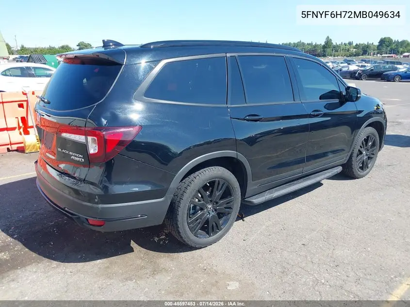 2021 Honda Pilot Awd Black Edition VIN: 5FNYF6H72MB049634 Lot: 45597453