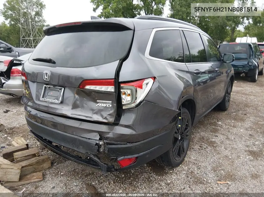 2022 Honda Pilot Awd Special Edition VIN: 5FNYF6H21NB081514 Lot: 45322056