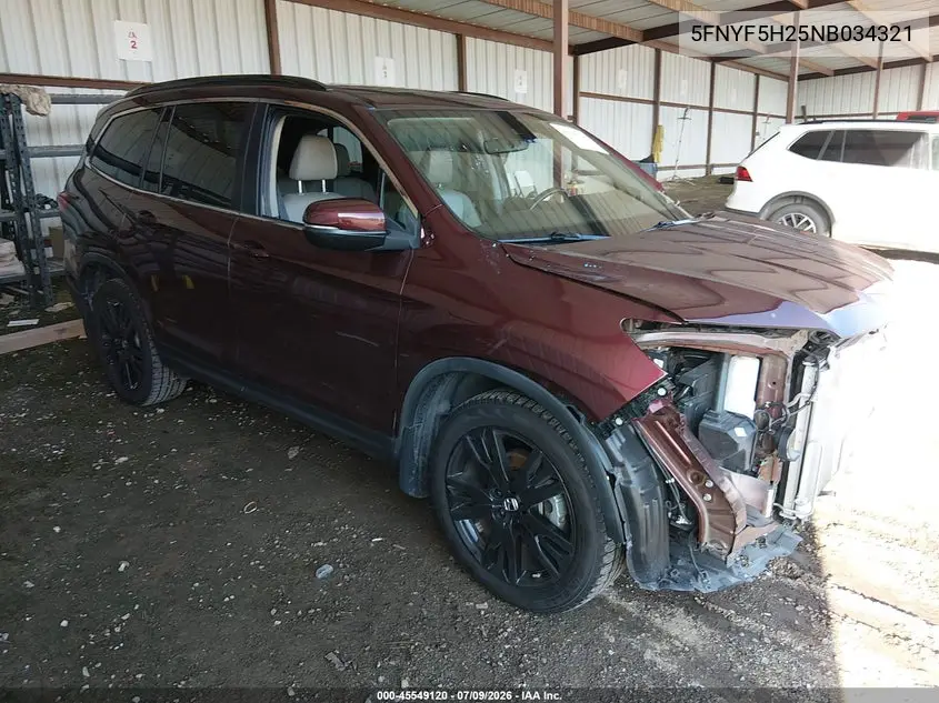 2022 Honda Pilot 2Wd Special Edition VIN: 5FNYF5H25NB034321 Lot: 45549120
