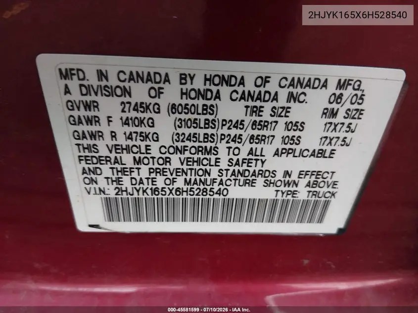 2006 Honda Ridgeline Rtl VIN: 2HJYK165X6H528540 Lot: 45581599