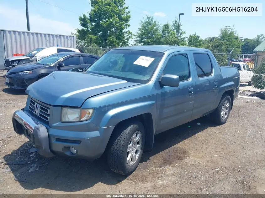 2006 Honda Ridgeline Rtl VIN: 2HJYK16506H516204 Lot: 45628537