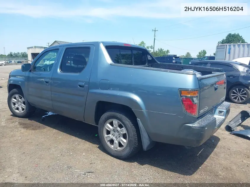 2006 Honda Ridgeline Rtl VIN: 2HJYK16506H516204 Lot: 45628537