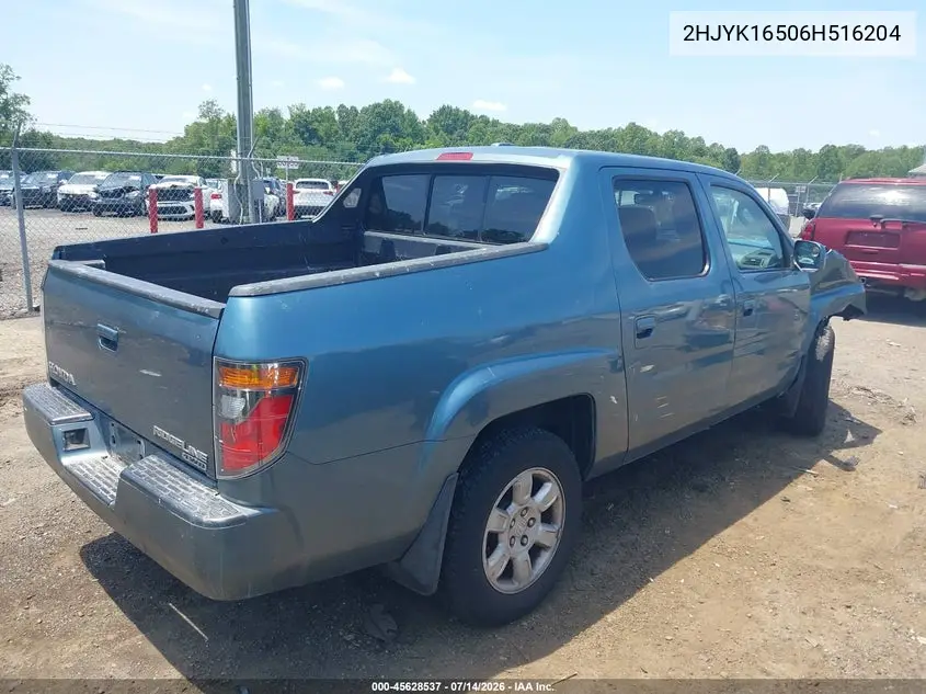 2006 Honda Ridgeline Rtl VIN: 2HJYK16506H516204 Lot: 45628537