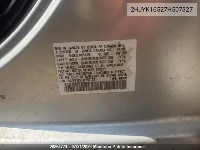 2007 Honda Ridgeline Ex-L VIN: 2HJYK16527H507327 Lot: 20264774