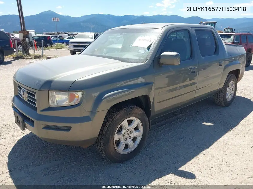 2007 Honda Ridgeline Rtl VIN: 2HJYK16577H503418 Lot: 45592436