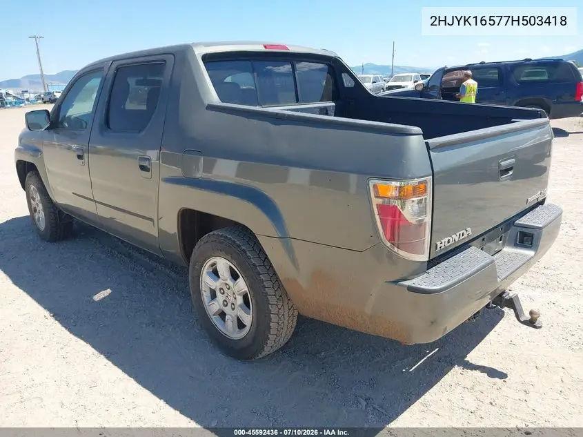 2007 Honda Ridgeline Rtl VIN: 2HJYK16577H503418 Lot: 45592436