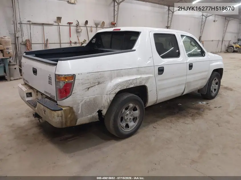 2007 Honda Ridgeline Rt VIN: 2HJYK16277H518670 Lot: 45615652