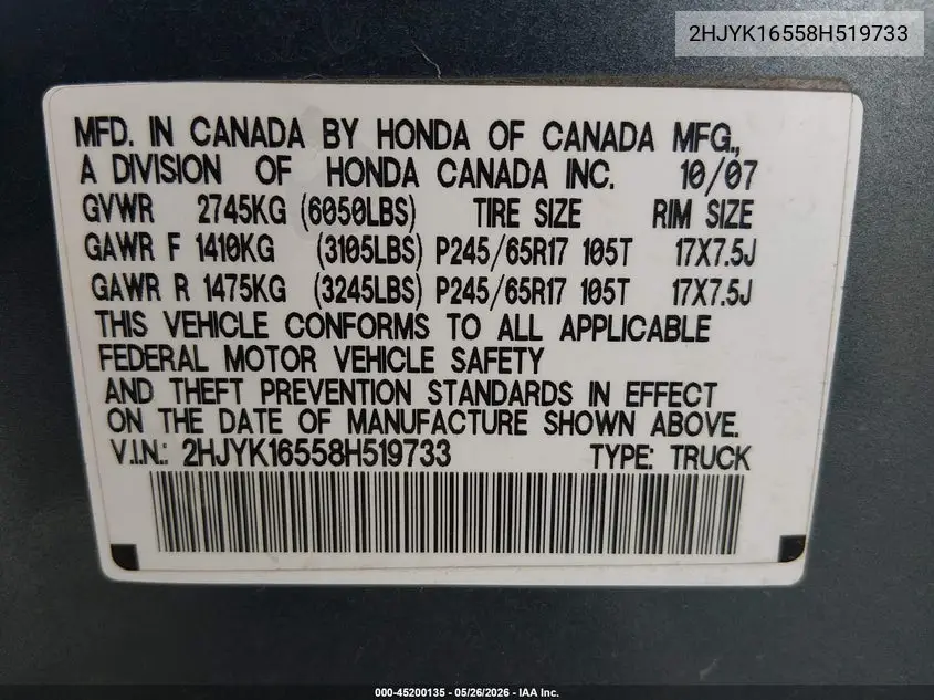 2008 Honda Ridgeline Rtl VIN: 2HJYK16558H519733 Lot: 45200135