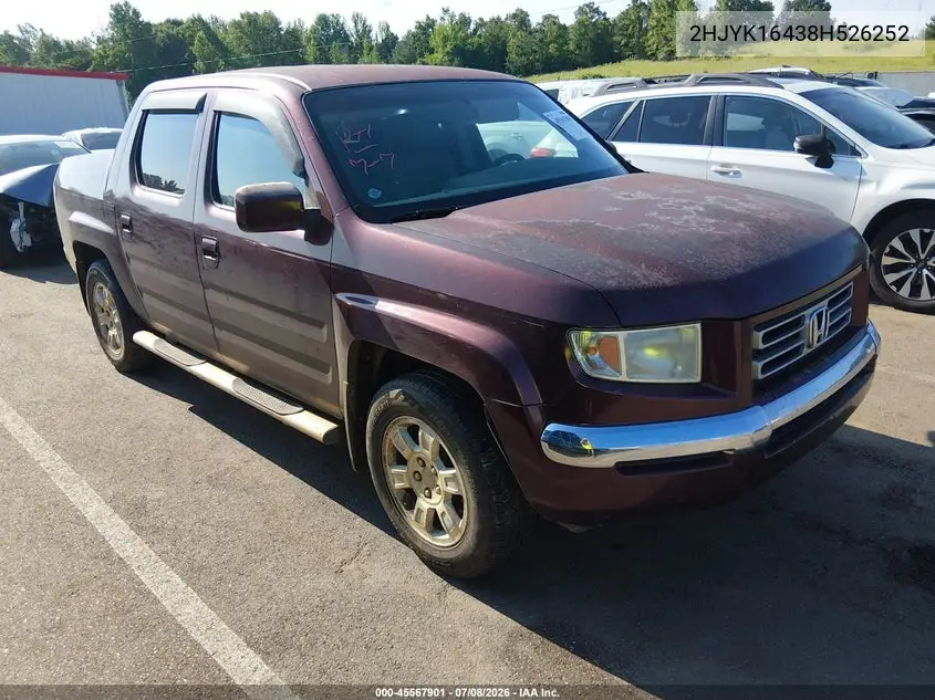 2008 Honda Ridgeline Rts VIN: 2HJYK16438H526252 Lot: 45567901