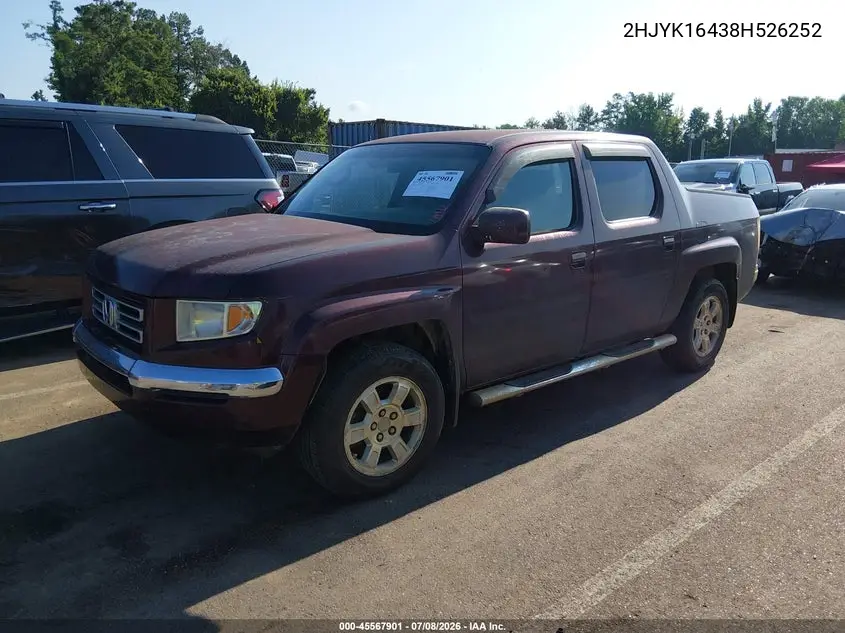 2008 Honda Ridgeline Rts VIN: 2HJYK16438H526252 Lot: 45567901