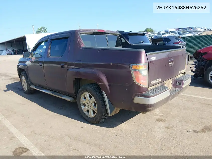 2008 Honda Ridgeline Rts VIN: 2HJYK16438H526252 Lot: 45567901