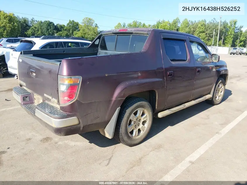 2008 Honda Ridgeline Rts VIN: 2HJYK16438H526252 Lot: 45567901