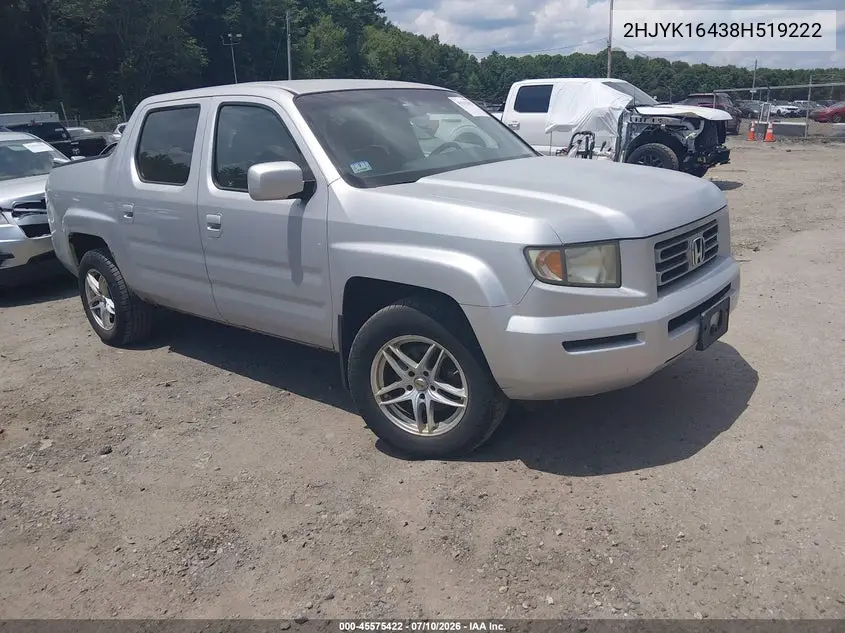 2008 Honda Ridgeline Rts VIN: 2HJYK16438H519222 Lot: 45575422